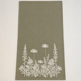 Linen Sage Green towel with white floral pattern on a light beige background