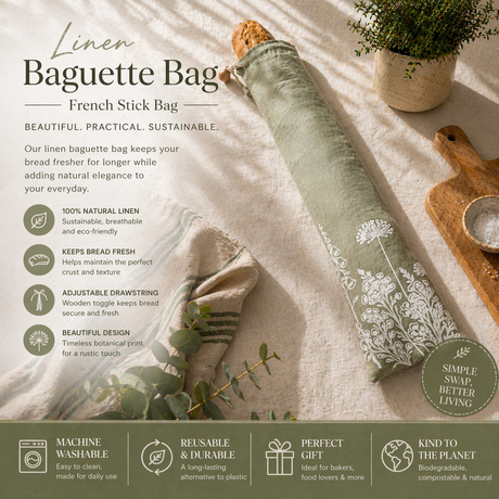 Linen baguette bag with botanical design on a sage green linen on natural background