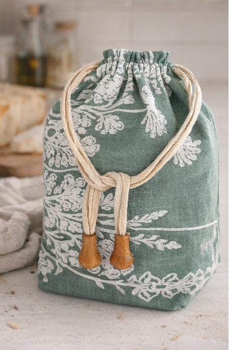 Reusable linen bread bag with wooden toggles on a light background