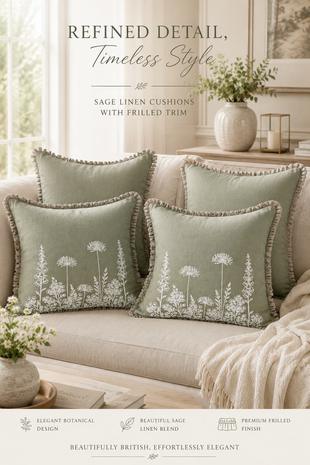 Sage green cushions with floral patterns on a beige sofa in a living room setting.