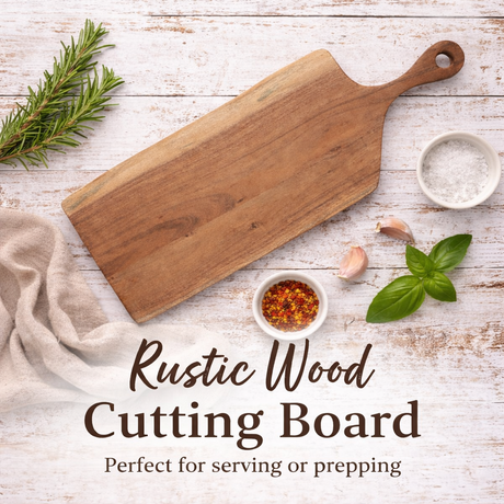 Wooden cutting board on a rustic wooden surface with herbs and spices.