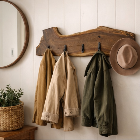 Walnut Wooden coat rack with various items including coats, bags, and a hat in different settings.
