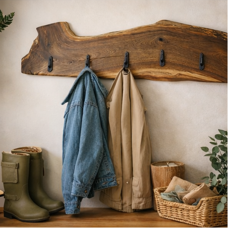 Walnut Wooden coat rack with various items including coats, bags, and a hat in different settings.