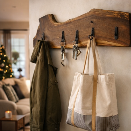 Walnut Wooden coat rack with various items including coats, bags, and a hat in different settings.