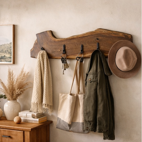 Walnut Wooden coat rack with various items including coats, bags, and a hat in different settings.