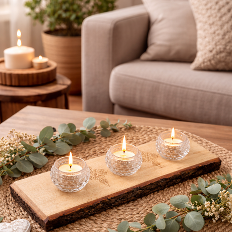 Decorative setup with candles and greenery on a wooden table in a living room.