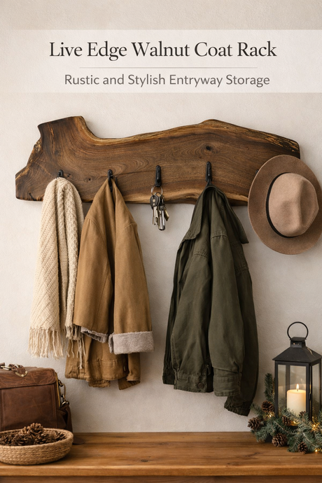 Wooden coat rack with hooks holding coats and a hat, against a neutral wall.
