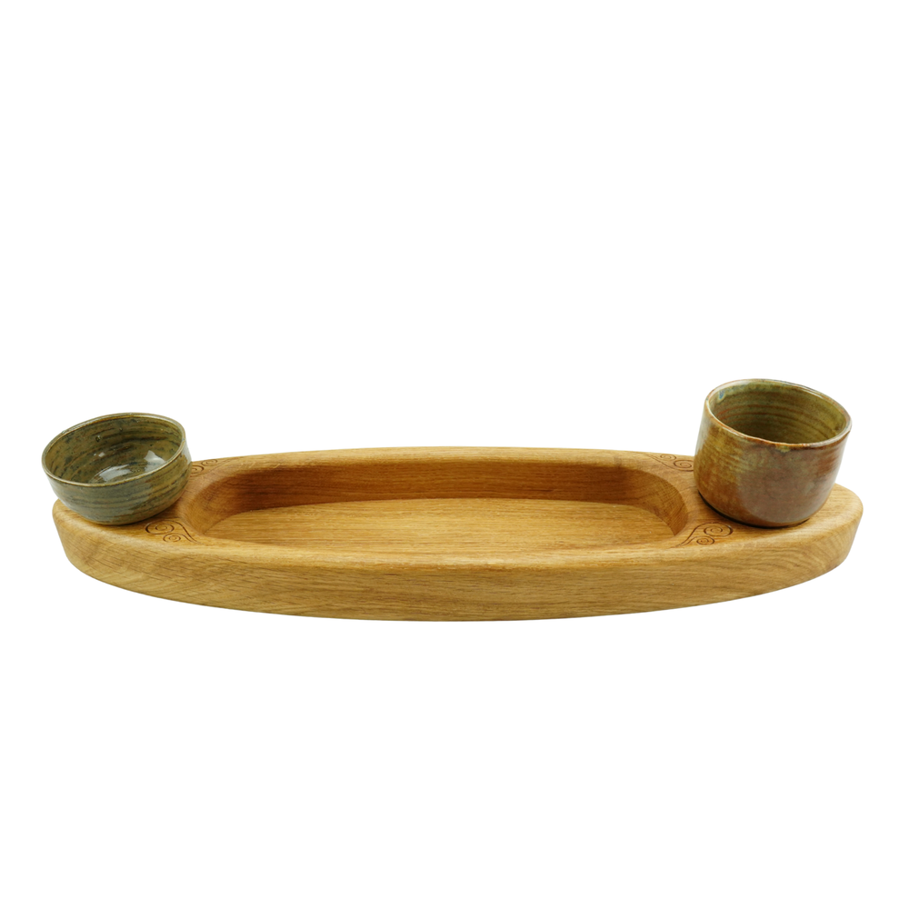 Long oak serving tray with recessed stoneware pots