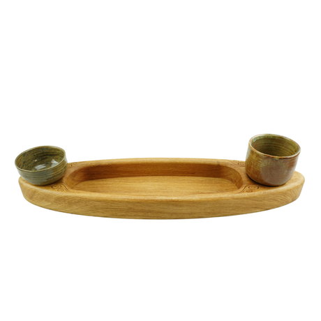 Long oak serving tray with recessed stoneware pots