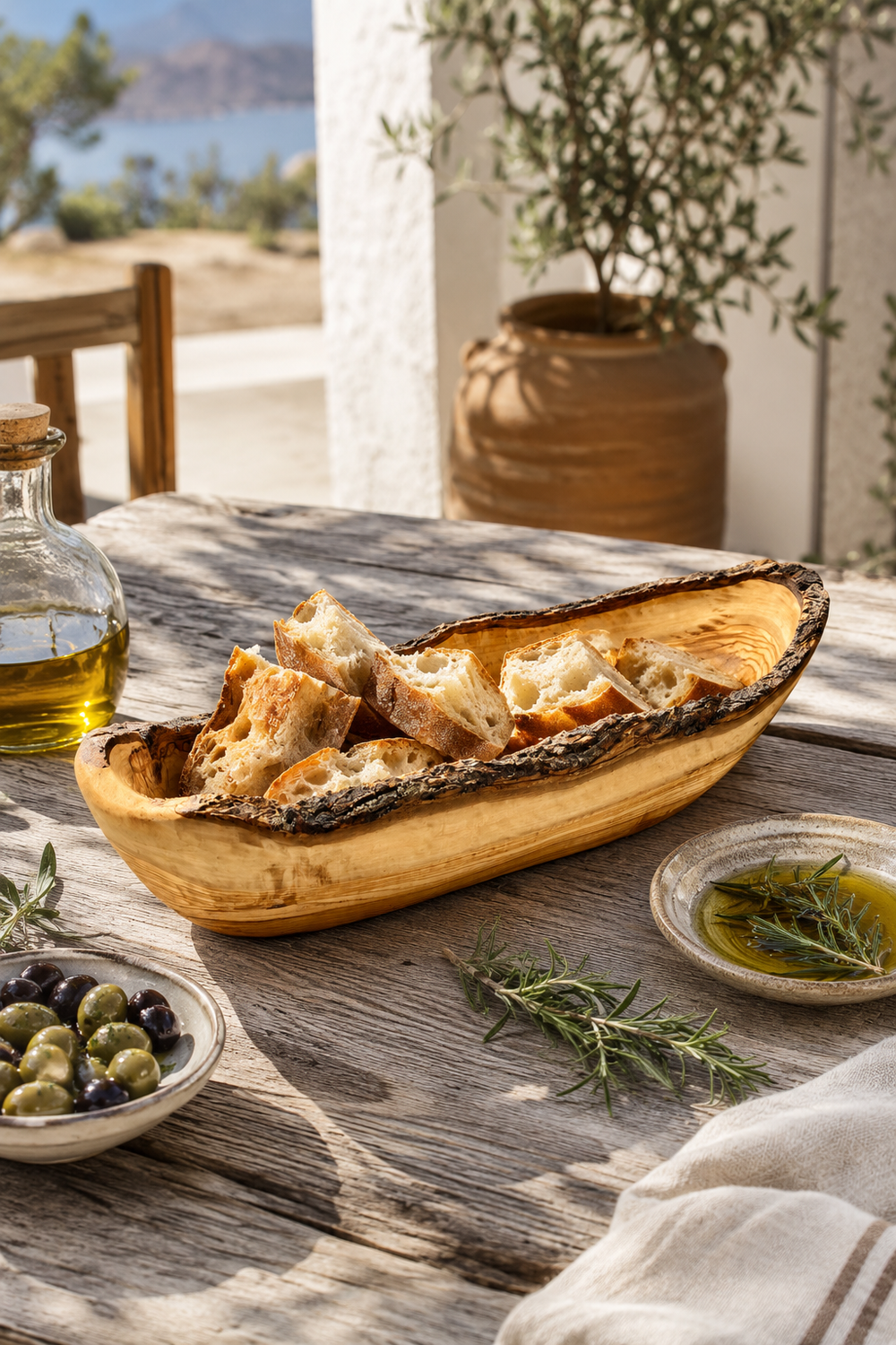 Long olive wood serving bowl for bread and fruit