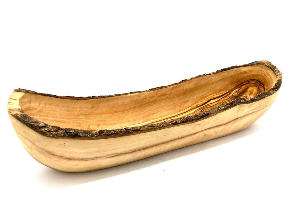 A rustic olive wood bread bowl measuring approximately 35–39cm, ideal for serving bread, fruit, snacks, nibbles and antipasti. Each bowl varies naturally in grain, tone, shape and size.