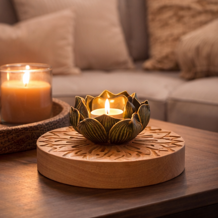 Lotus flower candle holder on carved wooden base
