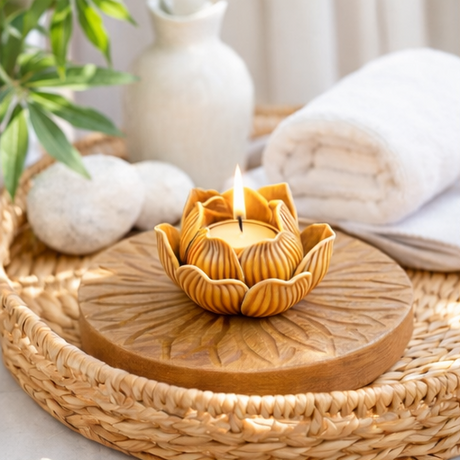 Decorative candle holder with lotus design on a wooden base 