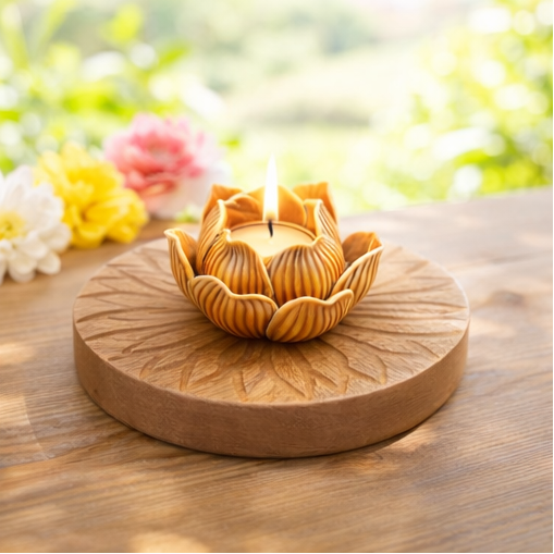 Decorative candle holder with lotus design on a wooden base 