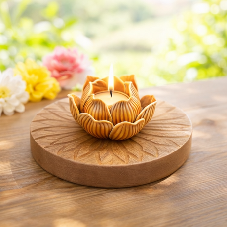 Decorative candle holder with lotus design on a wooden base 