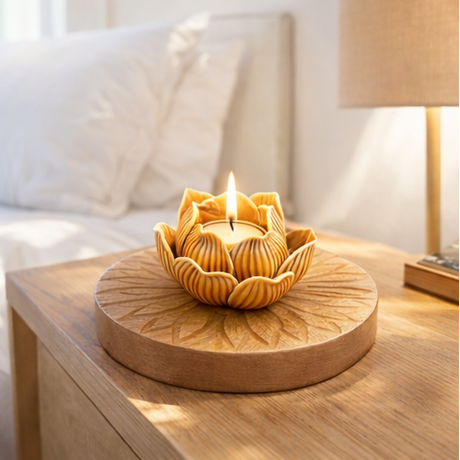 Decorative candle holder with lotus design on a wooden base 
