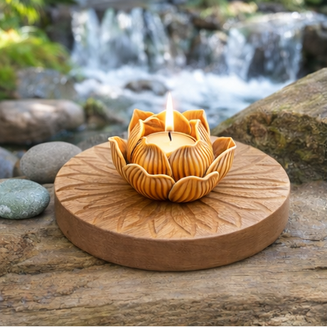 Decorative candle holder with lotus design on a wooden base in various settings.