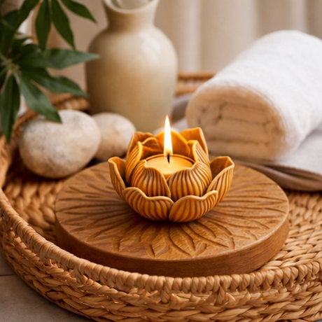 a decorative candle in a lotus-shaped holder on a wooden base