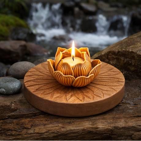  decorative candle in a lotus-shaped holder on a wooden base