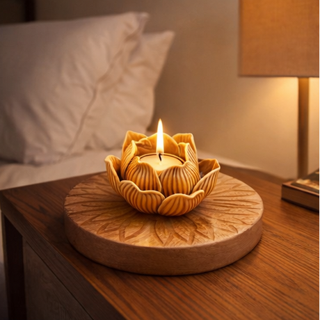 decorative candle in a lotus-shaped holder on a wooden base on bed side table
