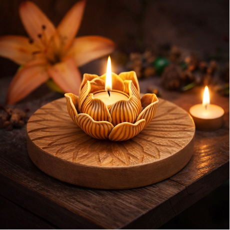 a decorative candle in a lotus-shaped holder on a wooden base