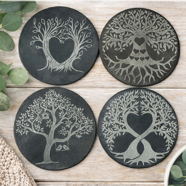 Four black leather coasters with tree and heart designs on a wooden surface.