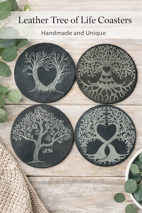 Four black leather coasters with tree of life design on a wooden surface with greenery.