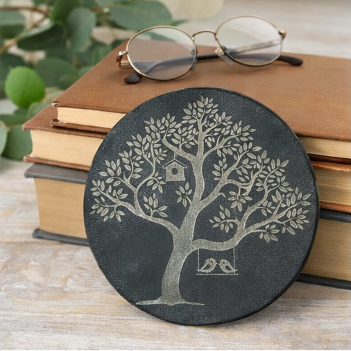 Set of four black coasters with tree-of-life design on a wooden surface.