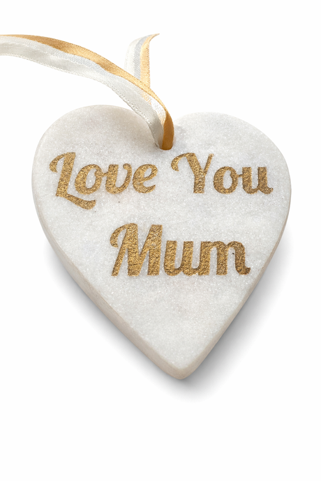 MarbleHeart-shaped ornament with 'Love You Mum' text on a white background