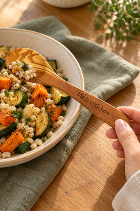 Hand holding an olive wood serving spoon engraved with “Made with love”, lifting a small portion of barley and vegetables from a ceramic bowl.