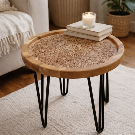 Wooden side table with black hairpin legs in a living room setting
