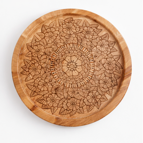 Wooden table with intricate patterns and black hairpin legs, shown from different angles.