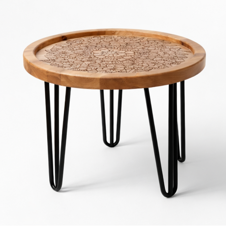 Wooden table with intricate patterns and black hairpin legs, shown from different angles.