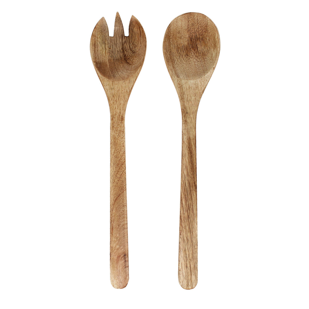 Mango wood fork and spoon salad server set on a white background.