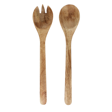 Mango wood fork and spoon salad server set on a white background.