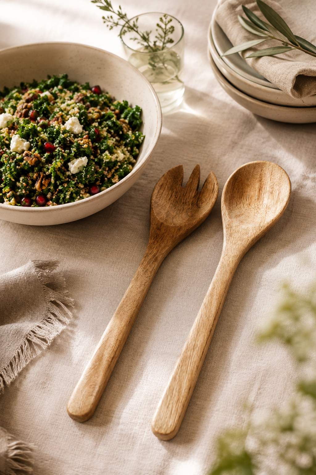 Mango wood salad servers 33cm. Bowl of salad with wooden utensils on a textured surface