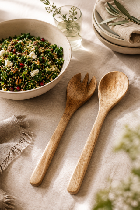 Mango wood salad servers 33cm. Bowl of salad with wooden utensils on a textured surface