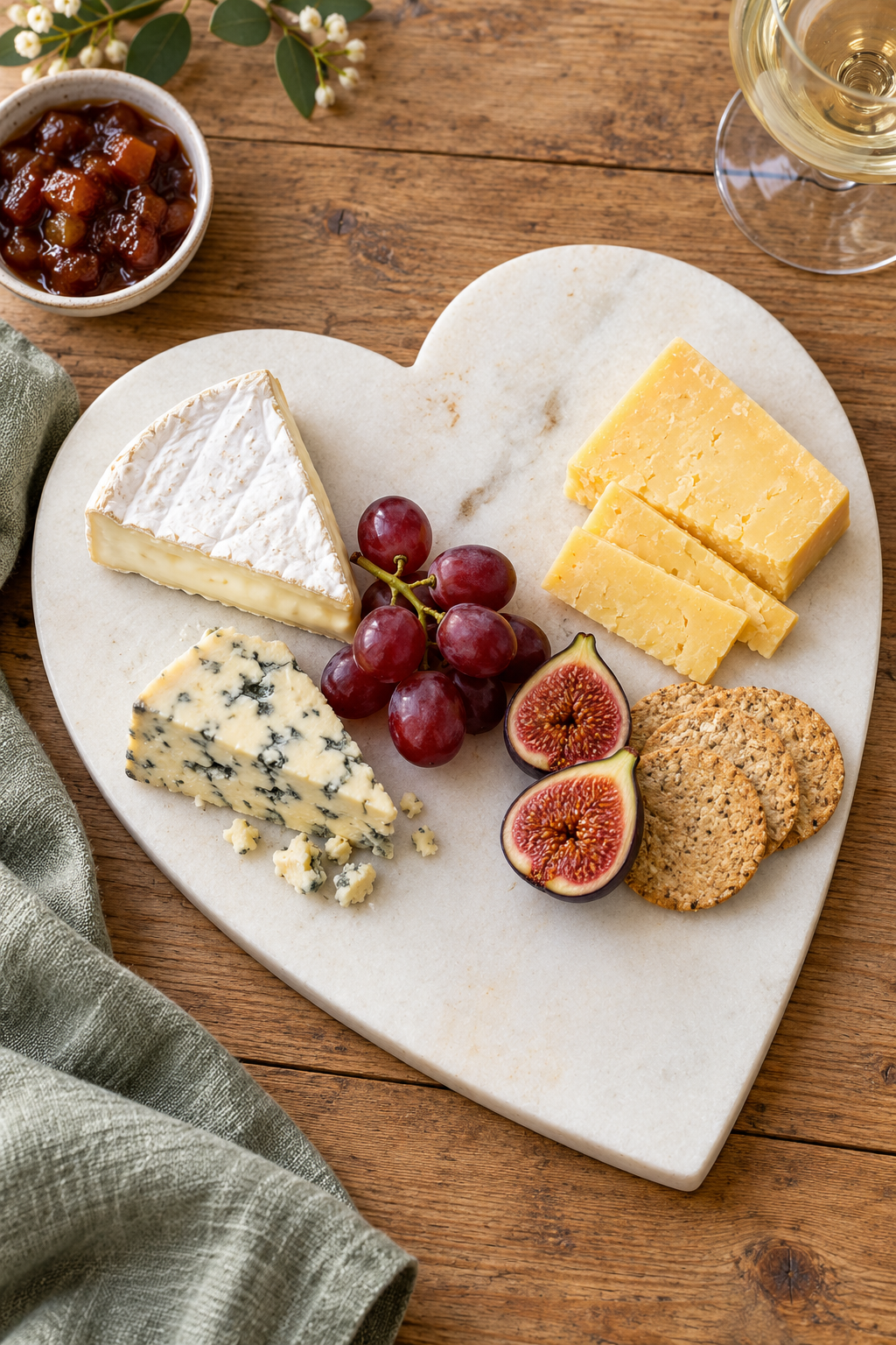 Heart-shaped cheese board made from natural white marble, for presenting cheese and accompaniments. Measures 23cm wide × 27cm long × 1.5cm thick.