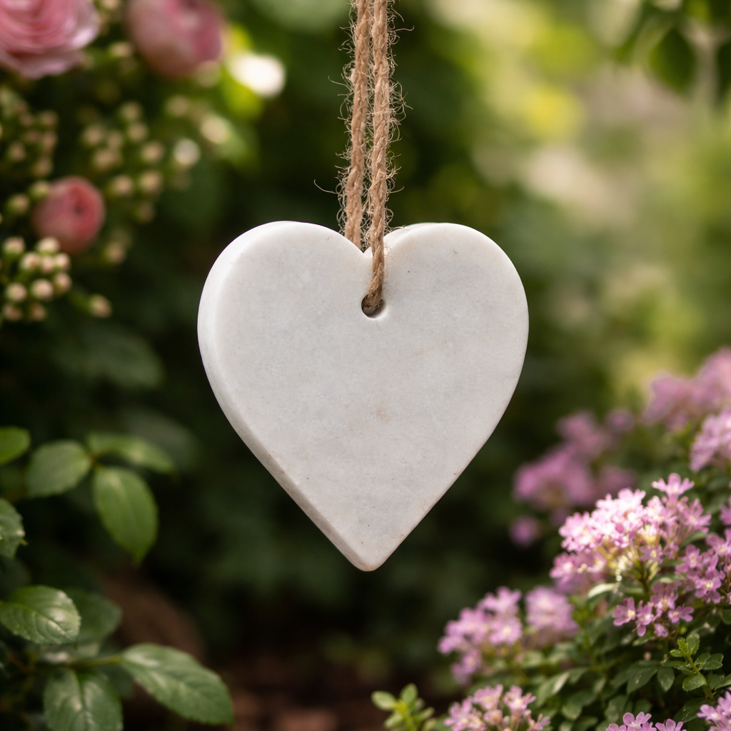 White heart-shaped stone hanging from a branch with pink flowers in the background