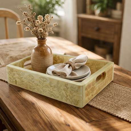 Meadow Wooden Serving Tray with Highland Cow & Floral Engraving