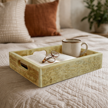 Meadow Wooden Serving Tray with Highland Cow & Floral Engraving