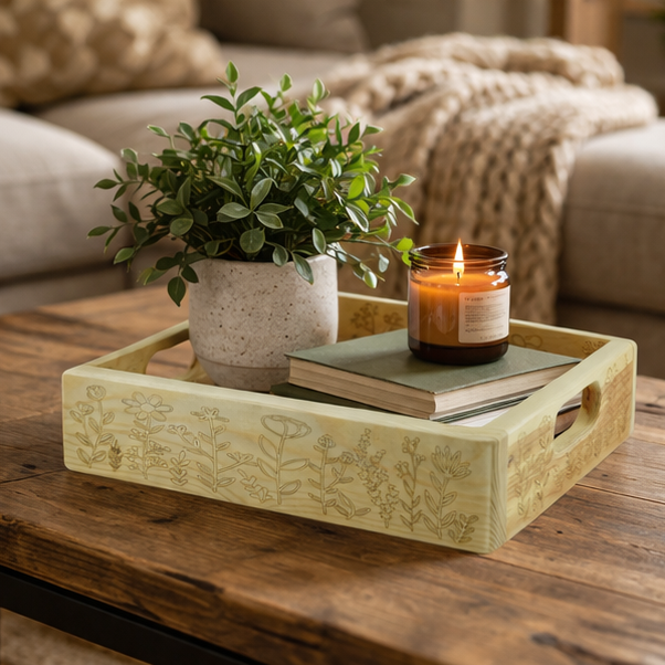 Meadow Wooden Serving Tray with Highland Cow & Floral Engraving