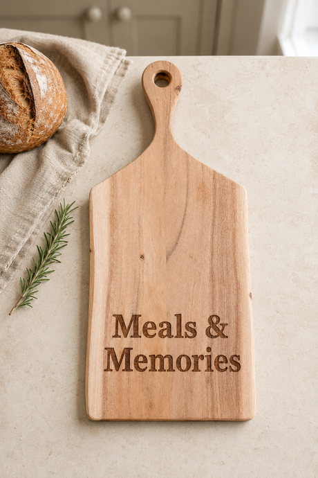 A rectangular wooden serving board with a handle and the engraved words 'Meals & Memories' on a light beige countertop. A loaf of bread, a beige cloth, and a sprig of rosemary are placed around it in a styled kitchen setting.