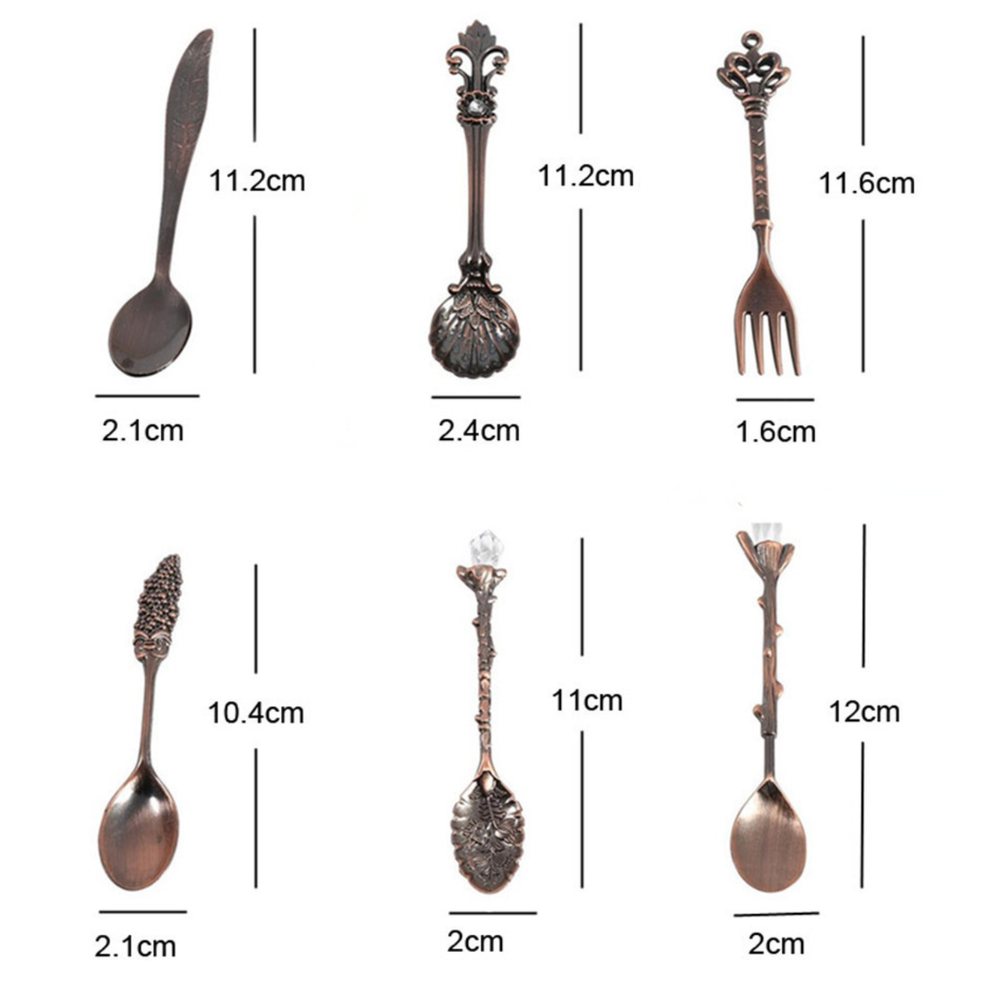 Measurement chart of various decorative spoons, forks, and knives on a white background.