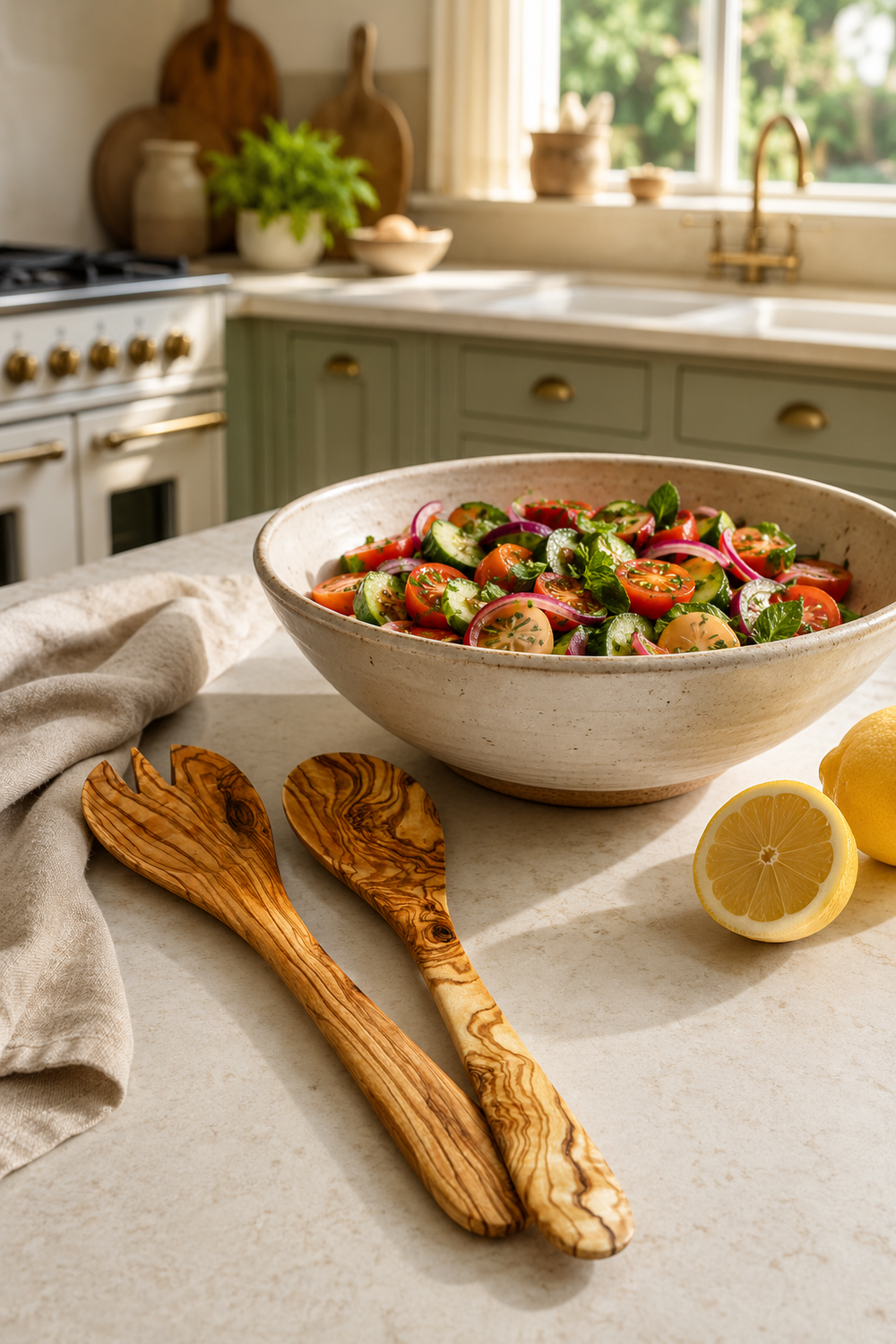 Medium olive wood salad serving set with a large beige ceramic salad bowl filled with fresh tomato, onion, and herb salad sits on a light stone countertop in a bright kitchen. Two wooden salad servers and a halved lemon rest beside the bowl, with cabinets, stove, and window visible in the background.