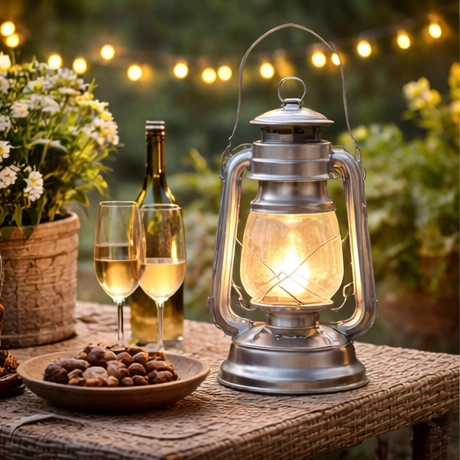 Metal Paraffin Hurricane Lantern on outside table with two glasses of wine