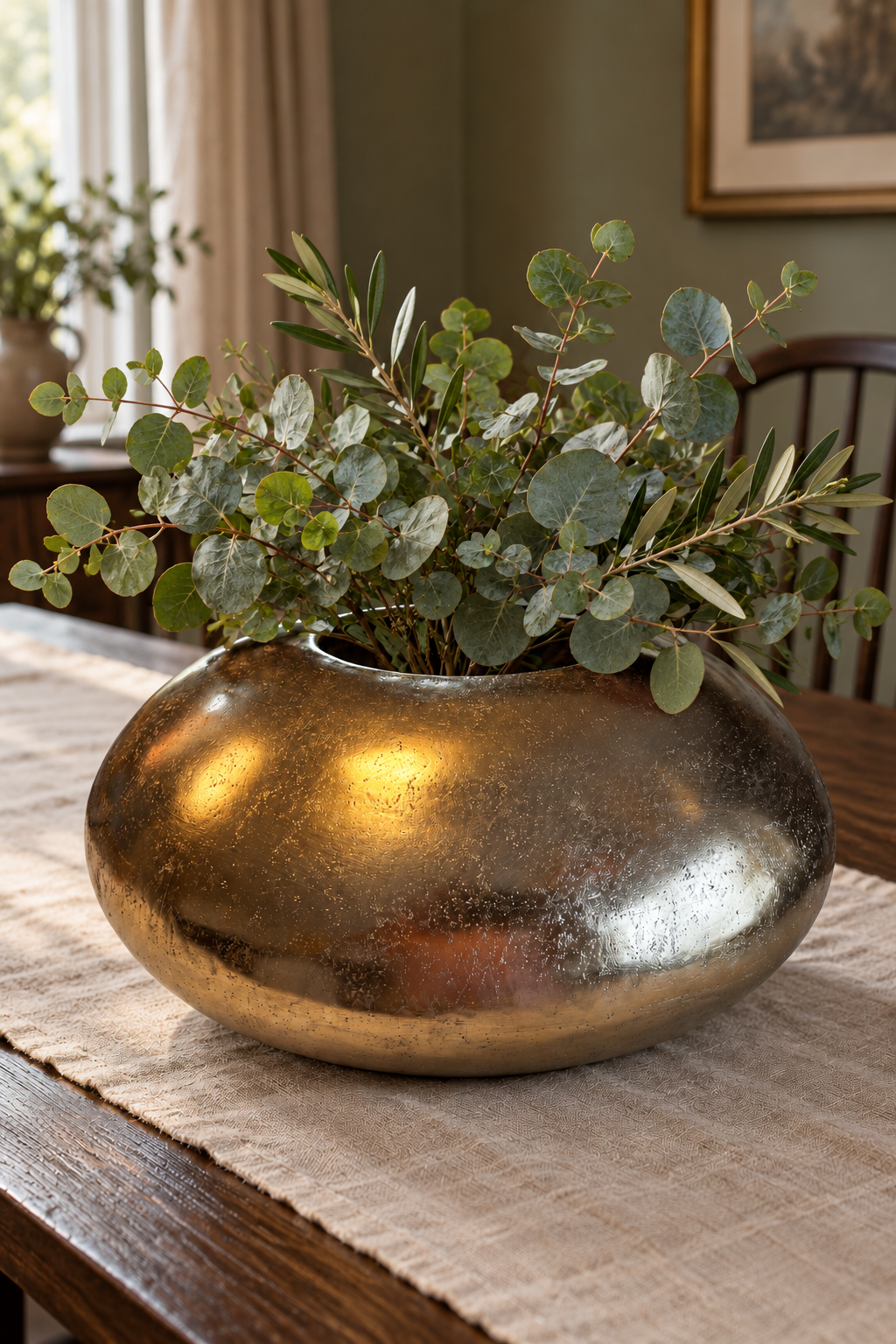 Antique gold pebble bowl with eucalyptus and olive foliage on a linen-covered wooden dining table.