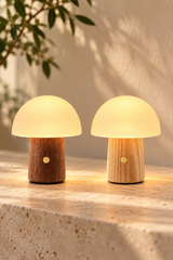 Mini Alice Mushroom Lamps in Walnut and White Ash shown side by side