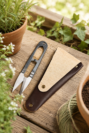 Scissors and leather sheath on a wooden surface with plants in the background
