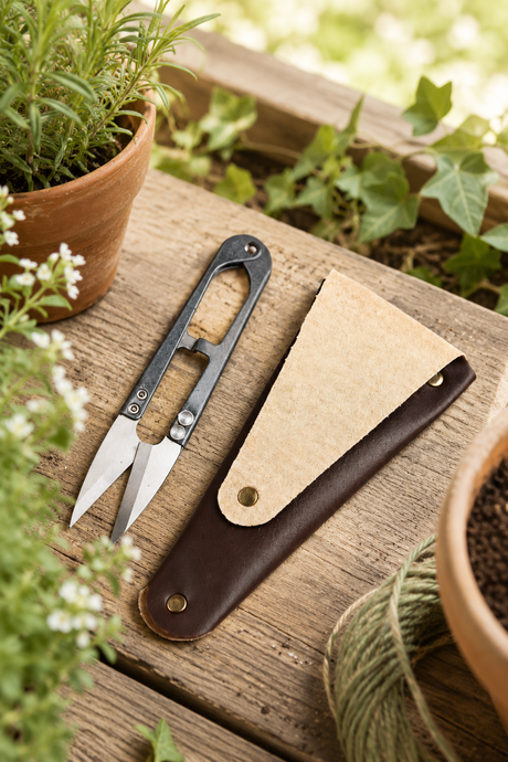 Scissors and leather sheath on a wooden surface with plants in the background
